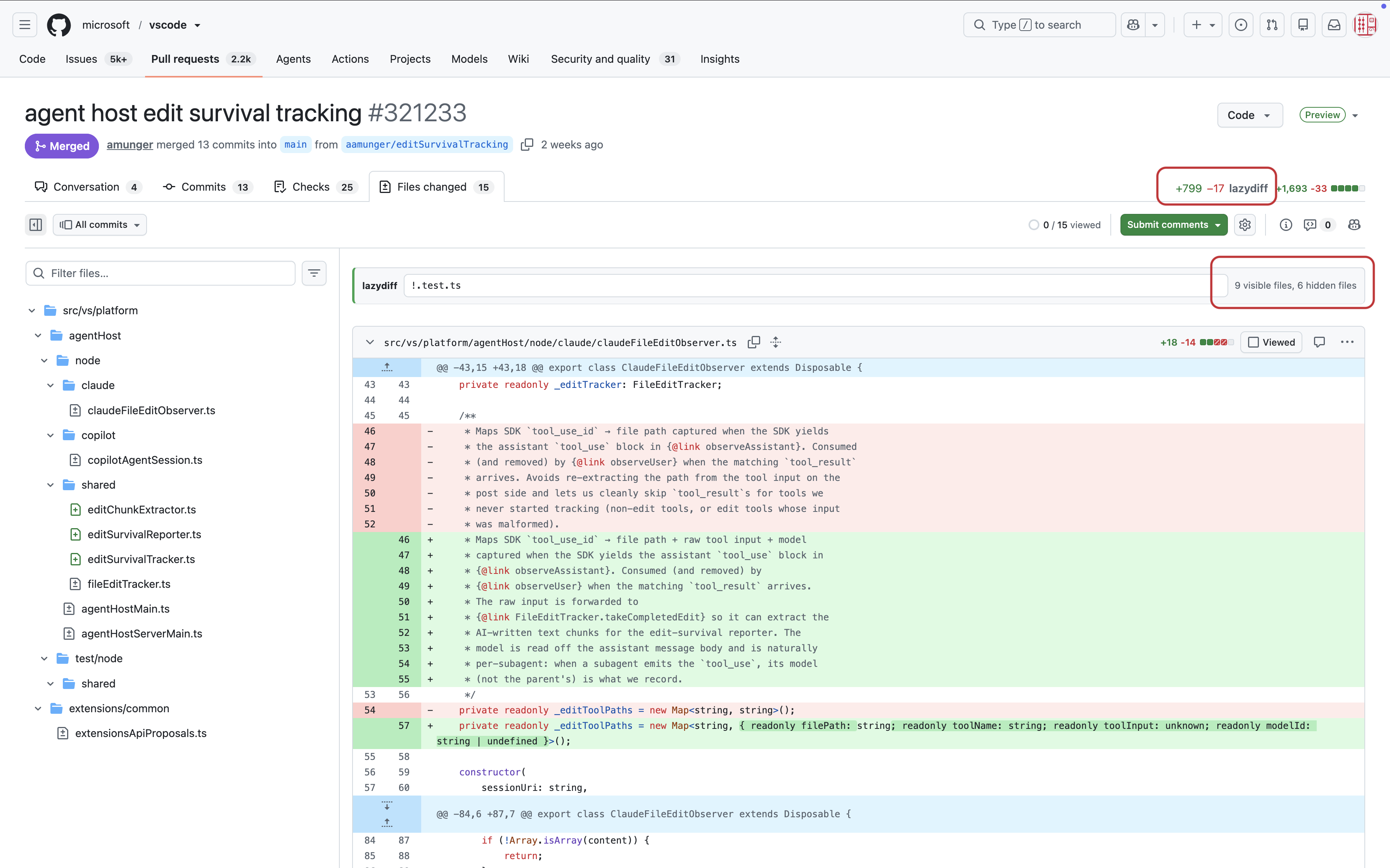 LazyDiff negative filter applied to a GitHub pull request