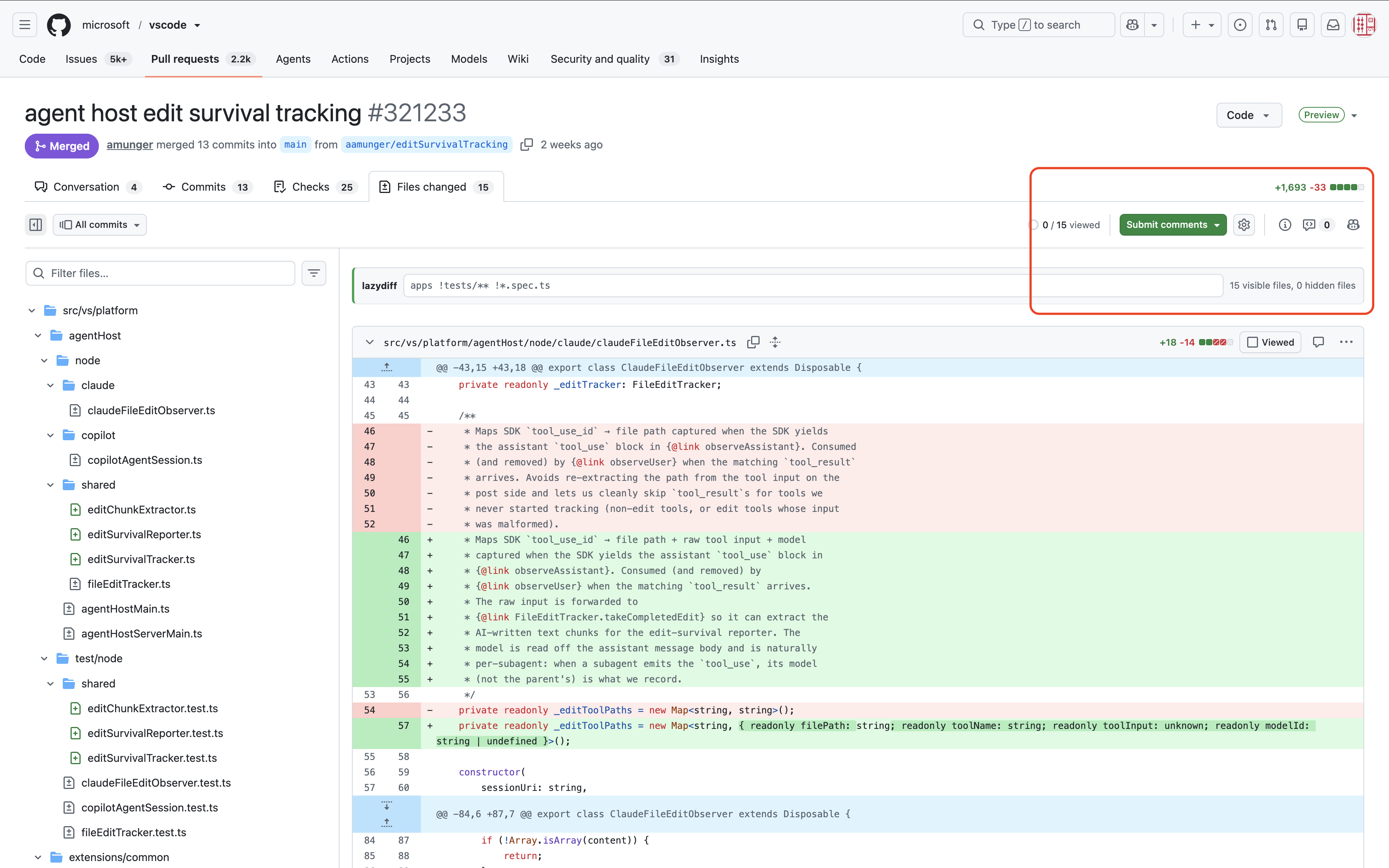 GitHub pull request before LazyDiff filtering