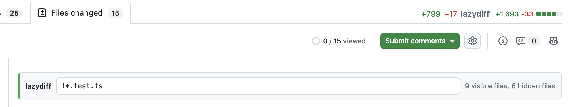 Closeup of LazyDiff filtered counts and filter bar